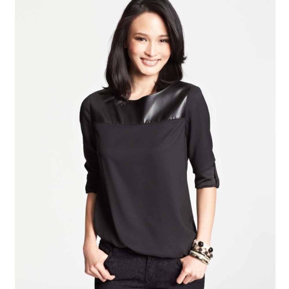 Ann Taylor Vegan Leather Yoke Blouse